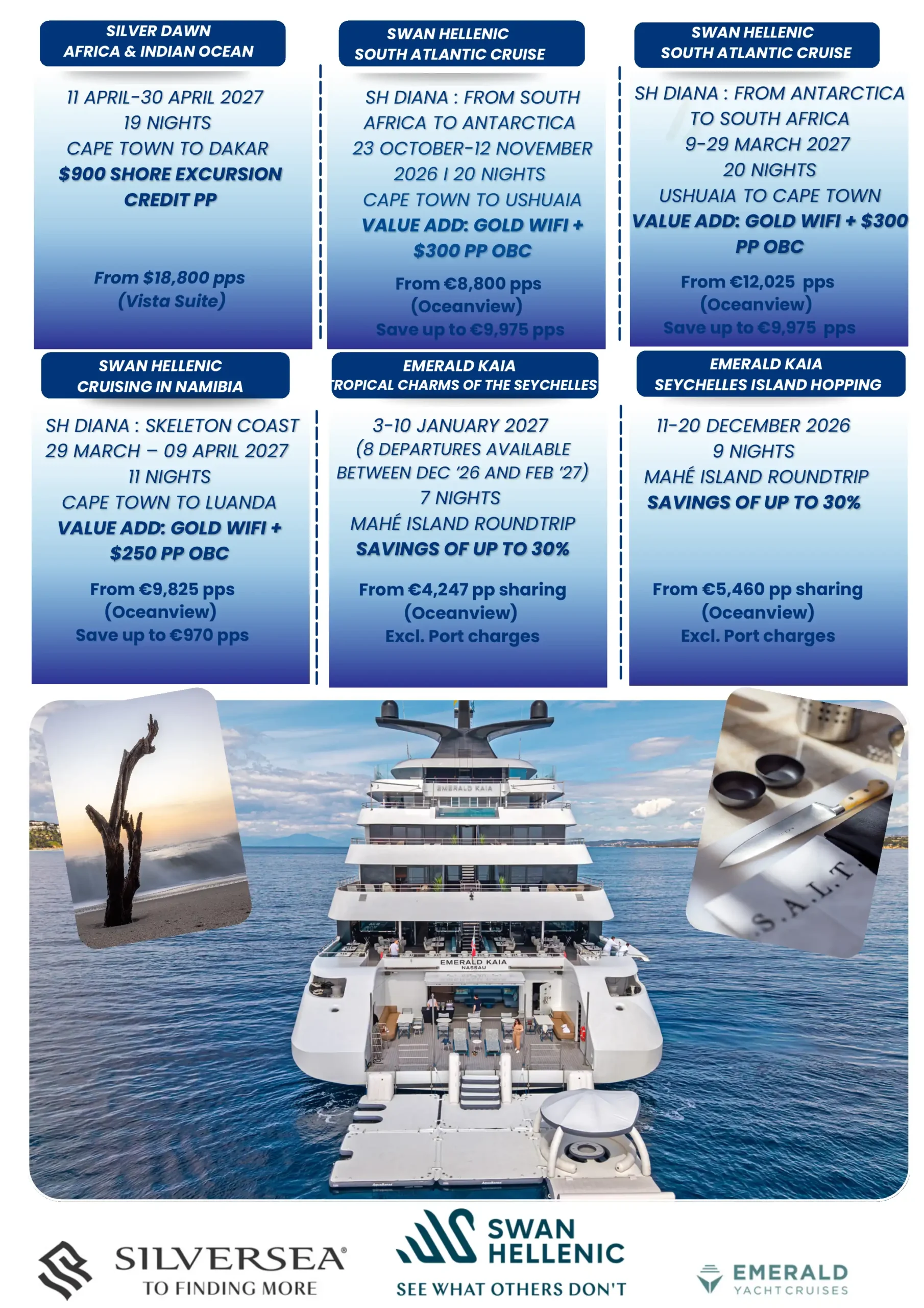 Dynamic Holidays flyer featuring Silversea, Swan Hellenic and Emerald cruises to Africa, Antarctica and the Seychelles, with dates, prices and special offers.