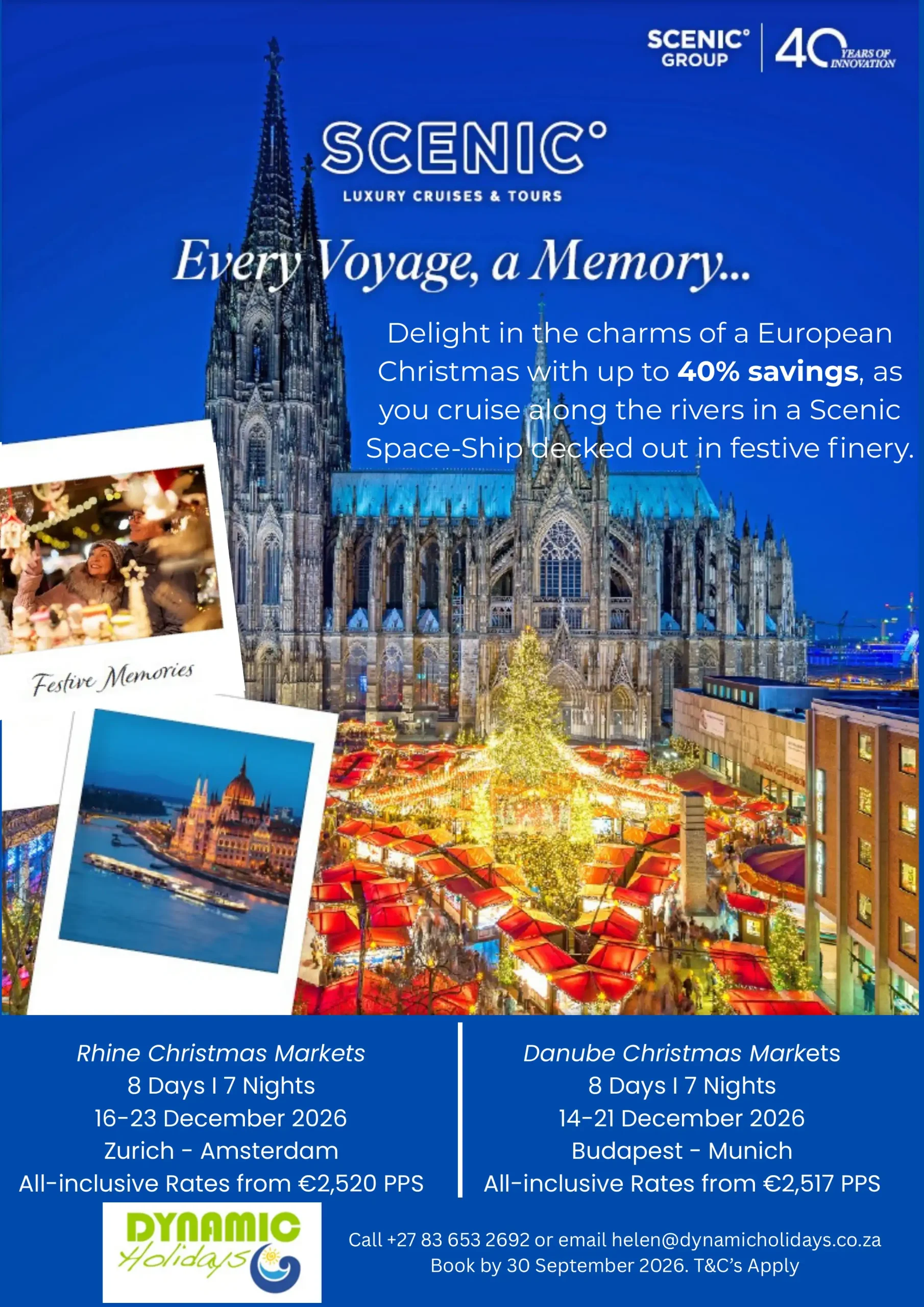 Dynamic Holidays flyer advertising Scenic Rhine and Danube Christmas market cruises in December 2026, with seven-night itineraries and savings of up to 40%.