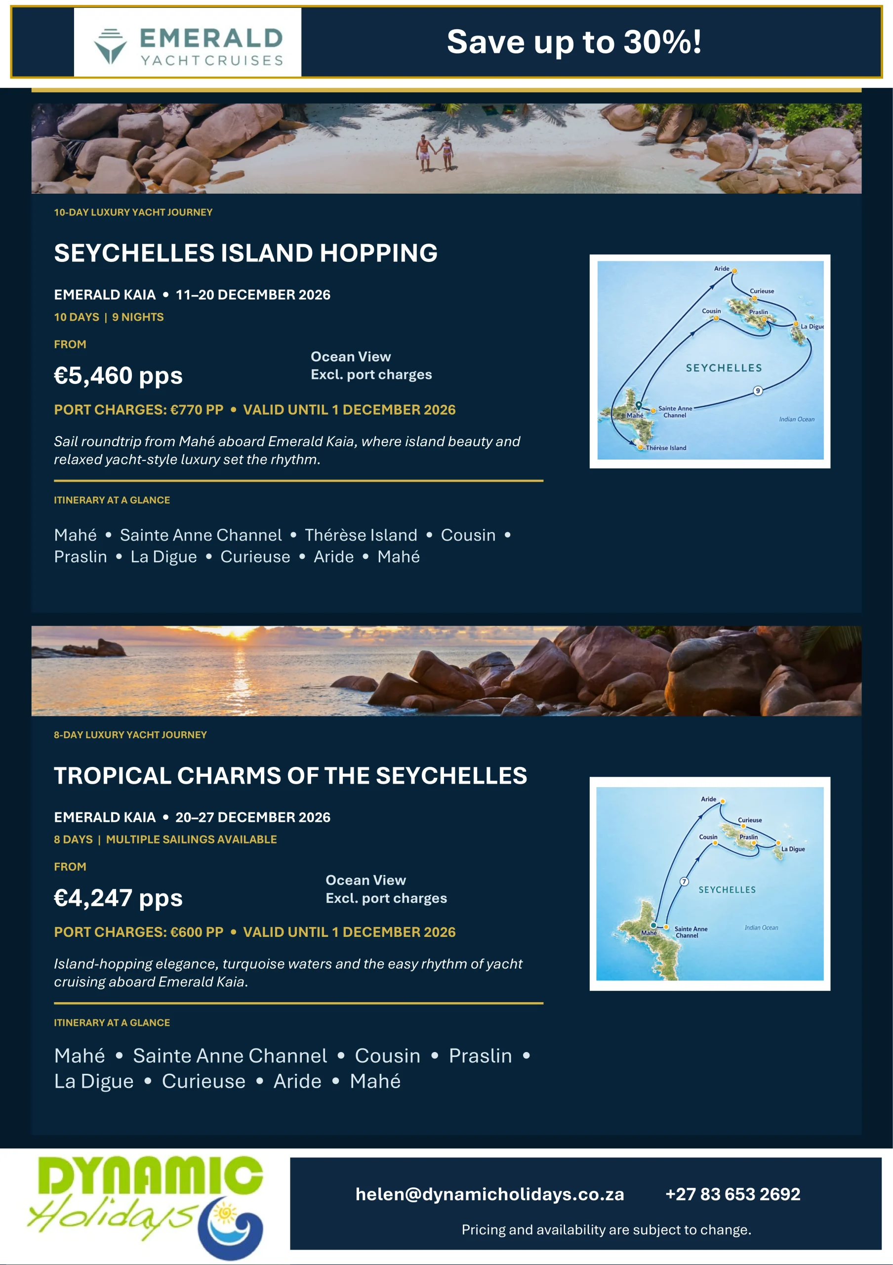 Emerald Kaia Seychelles luxury yacht cruise specials for December 2026, featuring 10-day Seychelles Island Hopping and 8-day Tropical Charms of the Seychelles itineraries with Dynamic Holidays.
