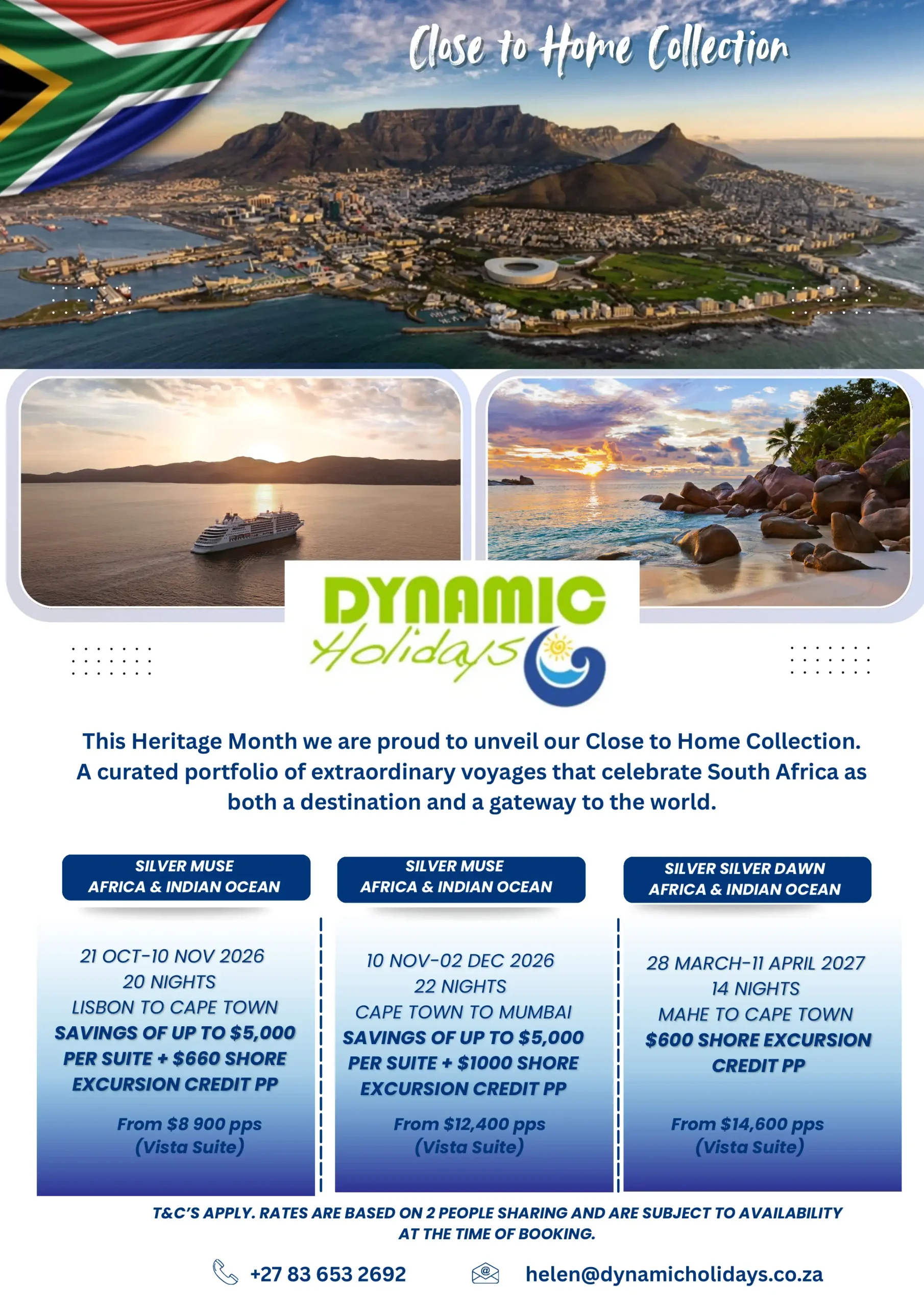 Dynamic Holidays flyer featuring Silversea cruises from Lisbon to Cape Town, Cape Town to Mumbai, and Mahé to Cape Town, with dates, prices and special offers.